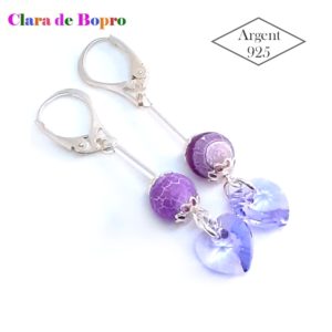Boucles d'oreilles violettes en argent sterling perles d'agate et cristaux coeurs