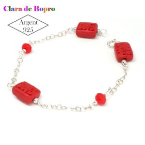 bracelet minimaliste femme, argent massif et cinabre