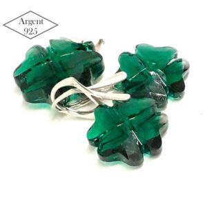 Parure bijoux trèfles vertes en argent 925 et cristaux couleur Emeraude