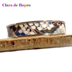 Bracelet jonc en acier et cuir véritable peau de serpent multicolore