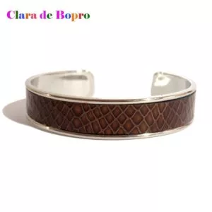 bracelet manchette en acier inoxydable et cuir marron