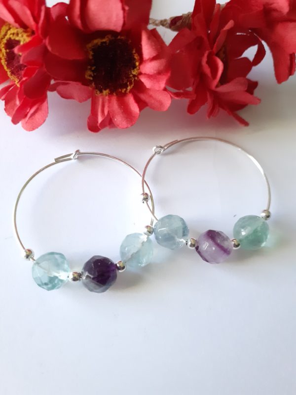 créoles en argent massif et perles fluorite