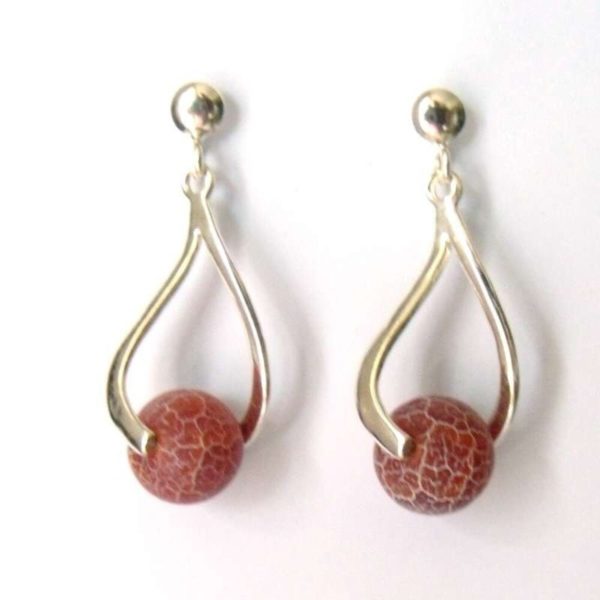 Clous pour oreilles pendantes en argent massif et perles agate Veine de Dragon couleur marron givrée