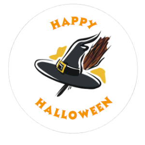 sticker halloween, étiquette chapeau sorcière, packaging personnalisé halloween